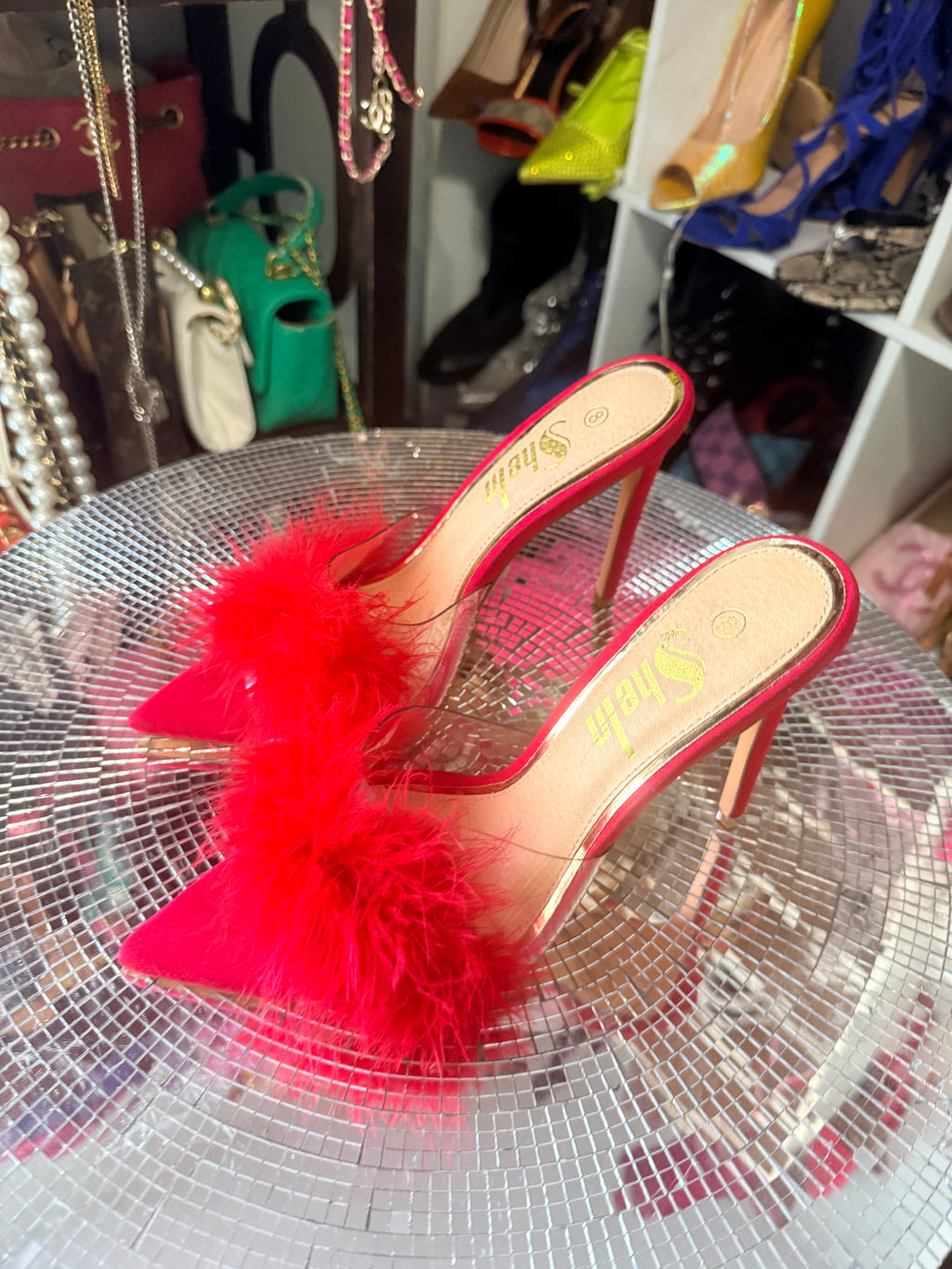SHEIN red furry sandals 8