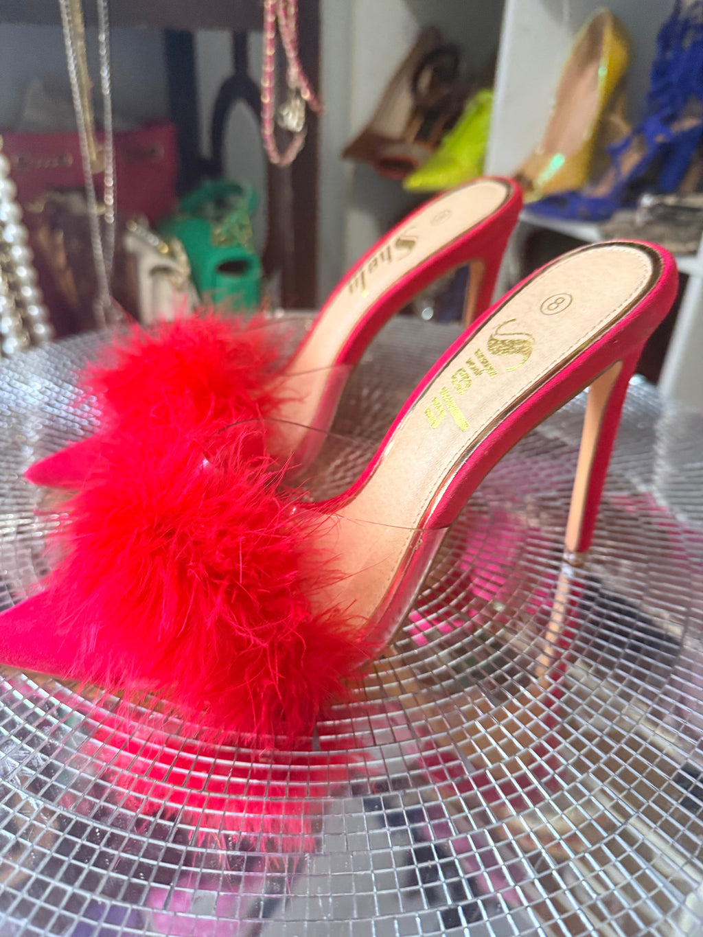 SHEIN red furry sandals 8
