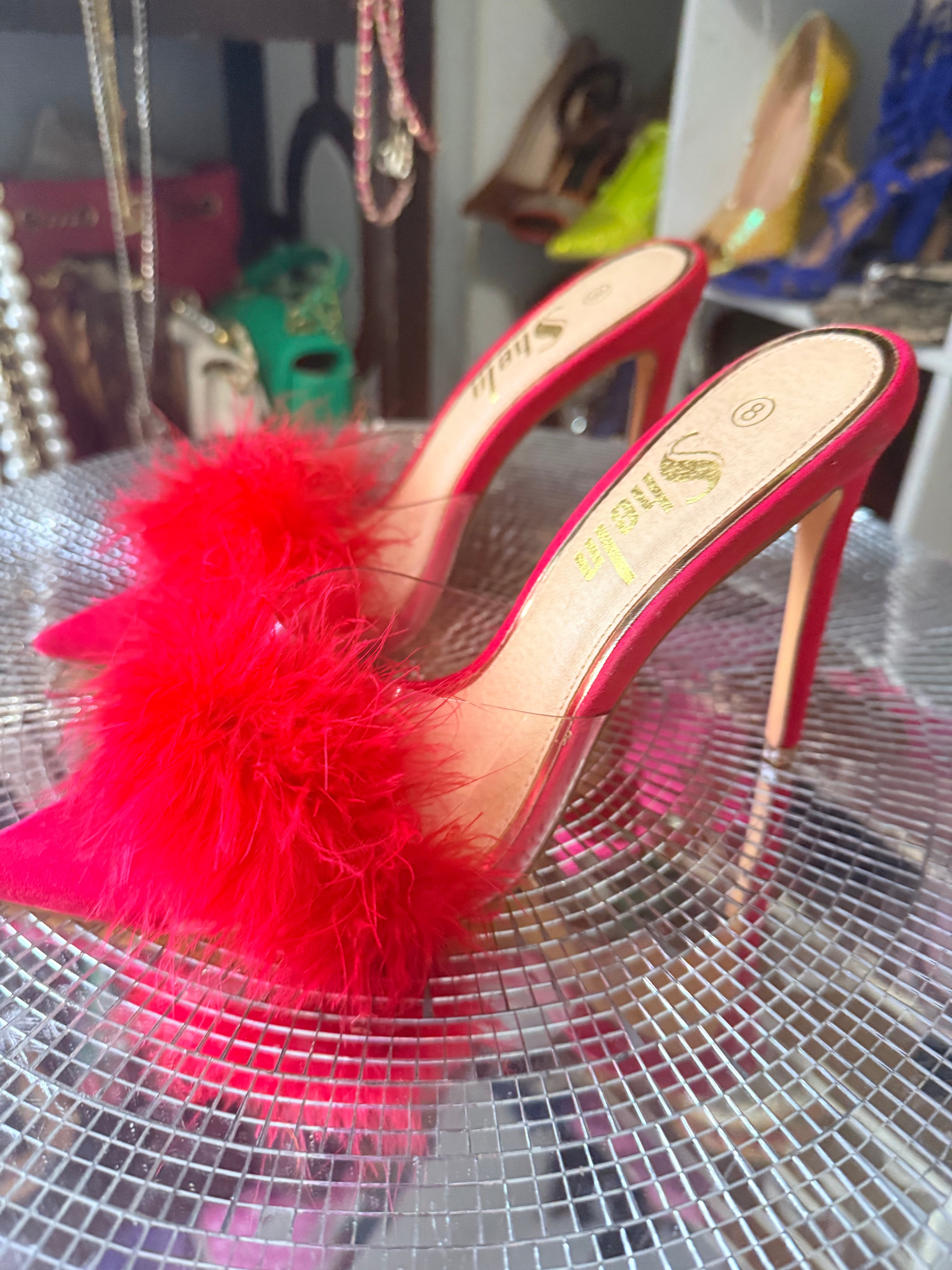 SHEIN red furry sandals 8