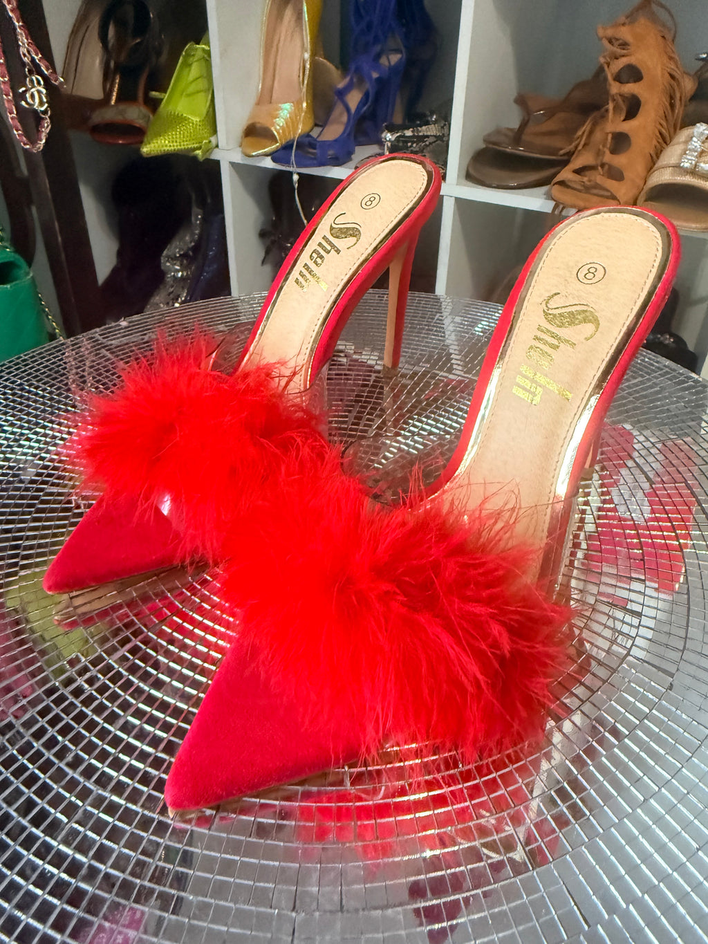 SHEIN red furry sandals 8