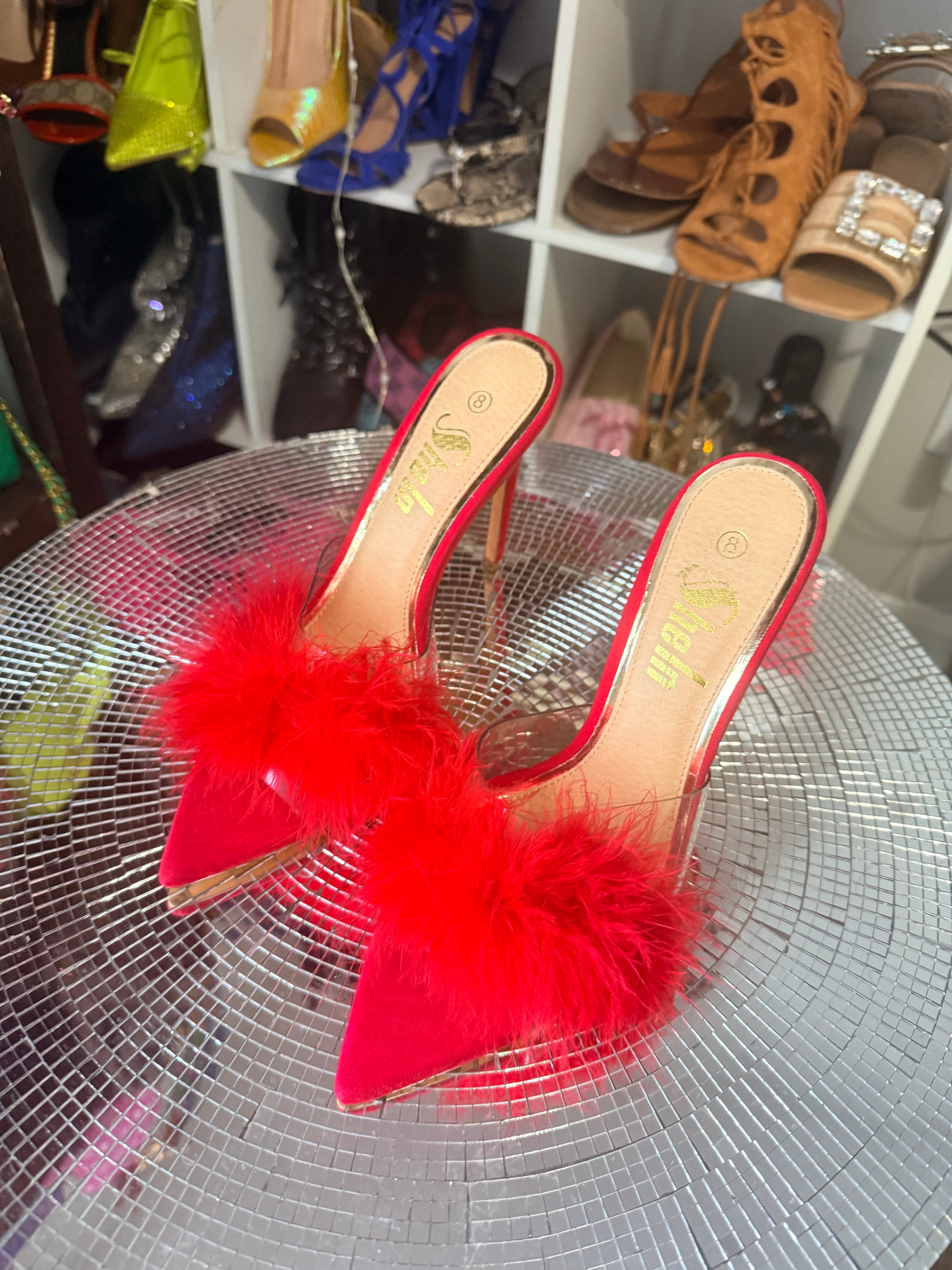 SHEIN red furry sandals 8