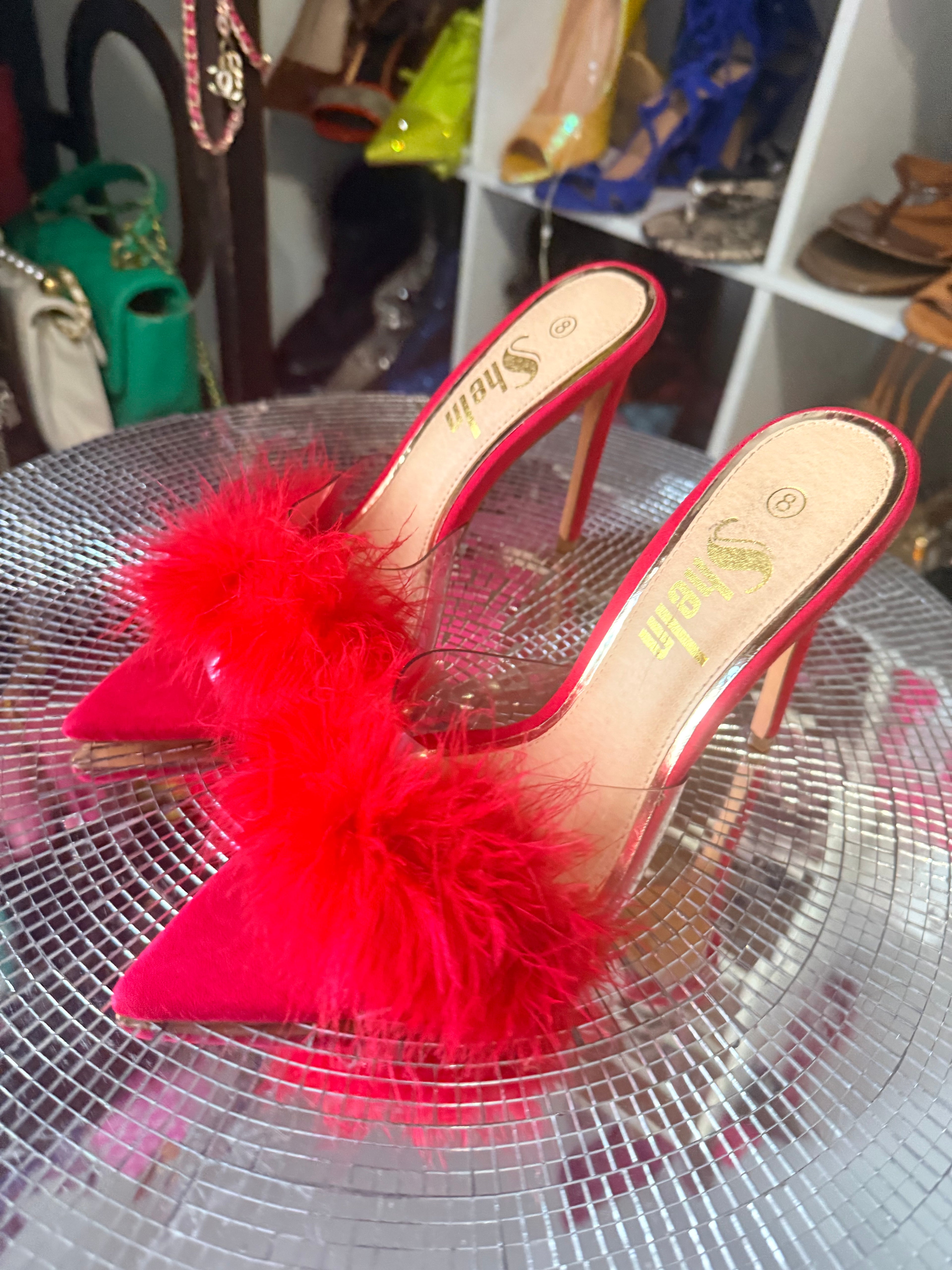 SHEIN red furry sandals 8