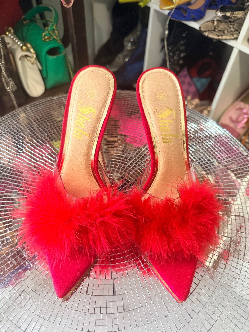 SHEIN red furry sandals 8